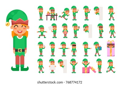 Elf Girl Christmas Santa Claus Helper in Different Poses and Actions Teen Characters Set Icons New Year Gift Holiday Flat Design Vector Illustration