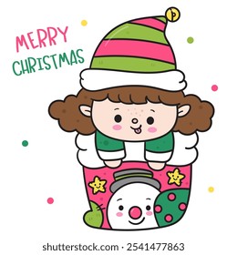 Elf girl in Christmas sock with cute snowman kawaii Christmas (whimsical characters). Happy new year greeting card. Holiday cartoon xmas kids winter season. Flat illustration for clipart, postcards.