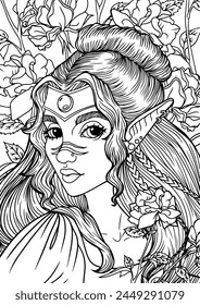 Elf girl coloring page for children and adult lineart