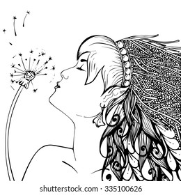 Elf girl with dandelion. Black and white. Coloring book