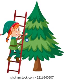 Elf girl decorating Christmas tree illustration
