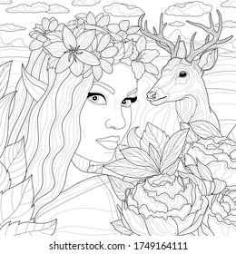 
Elf girl with a deer. Around peonies and nature.Coloring book antistress for children and adults. Illustration isolated on white background.Zen-tangle style.Black and white drawing.