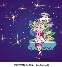 Elf girl dreaming at night. vector illustration