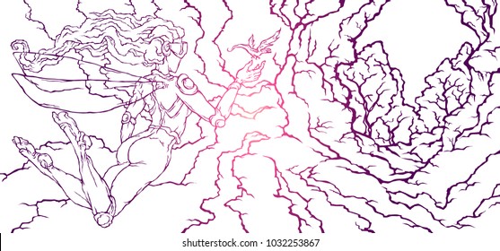 The elf girl floating in the air releases a dragon chick from the hands into the distance of the forest.The fantasy style line contour
