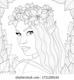 
Elf girl with a floral wreath on her head and leaves around.Coloring book antistress for children and adults. Zen-tangle style.Black and white drawing