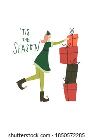 Elf girl with gift boxes, handwritten quote: tis the season. Vector template for postcard, print or other users
