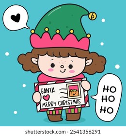 Elf girl holding giant santa letter kawaii Christmas (whimsical characters). Happy new year greeting card. Holiday cartoon xmas kids winter season. Flat illustration for clipart, postcards, banners.