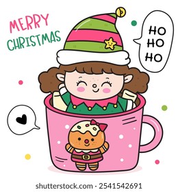 Elf girl in holiday mug with cute gingerbread cookie kawaii Christmas (whimsical characters). Happy new year greeting card. Holiday cartoon xmas kids winter season. Flat illustration for clipart.