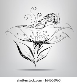 Elf girl lying in flower. Vector illustration