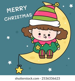 Elf girl on magic moon kawaii Christmas (whimsical characters). Happy new year greeting card. Holiday cartoon xmas kids winter season. Flat illustration for clipart, postcards, banners, shirt design