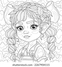 Elf girl with pigtails and bows.Coloring book antistress for children and adults. Illustration isolated on white background.Zen-tangle style. Hand draw