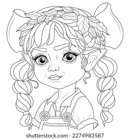 Elf girl with pigtails.Coloring book antistress for children and adults. Illustration isolated on white background.Hand draw