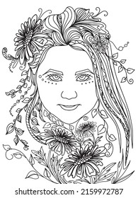 elf girl in plants and flowers, mystical girl princess lea coloring book