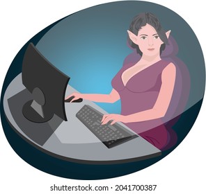 Elf girl está jugando un juego de computadora