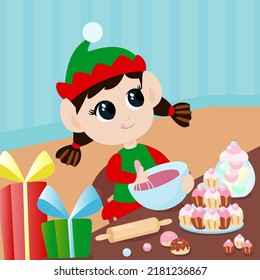 The elf girl is in the room at the table whipping up the icing. Leprechaun is happy and joyful and she is preparing Christmas sweets. The child is dressed in a traditional red and green costume. 