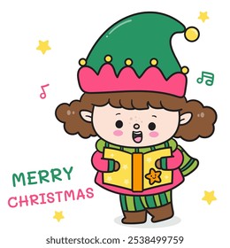 Elf girl sing a song holding story book kawaii Christmas (personagens extravagantes). Feliz ano novo cartão de cumprimentos. Natal de Natal Natal Natal Natal inverno temporada. Ilustração plana para clipart, cartões postais, banner