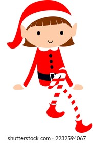 Elf Girl sitting on a cute cartoon Christmas holiday character vector illustration