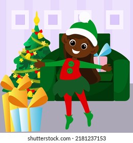 Elf girl smiles happily near the Christmas tree in the room. Character design in children's cartoon style. 