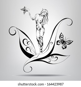 Elf Girl standing in the leaves. Vector illustration