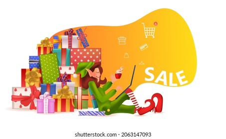 elf girl using laptop new year christmas holidays celebration concept santa helper with wrapped gifts shopping online