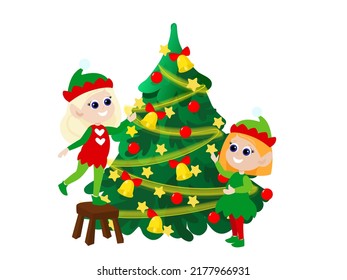Elf girls decorate the Christmas tree. Children are dressed in traditional red and green clothes. Christmas characters design in cartoon style isolated on white background.