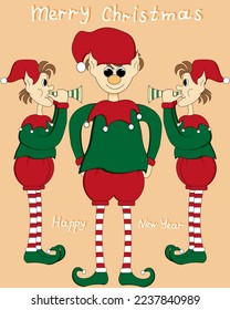 An elf in a green suit, boots with pompoms and a cap with a pipe in his hands. Santa Claus's assistant. A Christmas character. Print for the cover of a greeting card. 