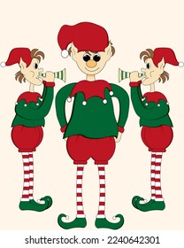 An elf in a green suit, boots with pompoms and a cap with a pipe in his hands. Santa Claus's assistant. A Christmas character. Print for the cover of a greeting card. 