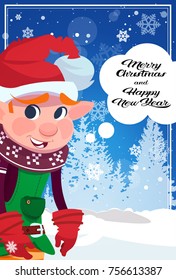 Elf Greeting With Merry Christmas And Happy New Year Winter Holidays Poster Flat Vector Illustration