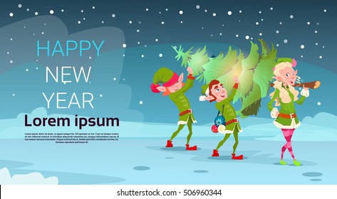 Elf Group Carry Christmas Green Tree Greeting Card Decoration Happy New Year Banner Flat Vector Illustration