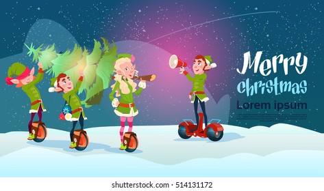 Elf Group Ride Electric Scooter Christmas Holiday Happy New Year Greeting Card Flat Vector Illustration