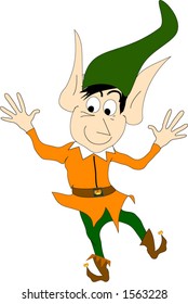 Elf. Halloween. Dancing elf with halloween costume: green hat, orange coat, pumpkin buttons.