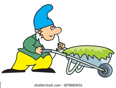 elf with handcart , funny vector illustration