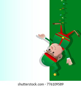 Elf hanging upside down and pointing at a blank banner. Vector cartoon character illustration.