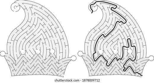 Elf hat maze for kids with a solution in black and white