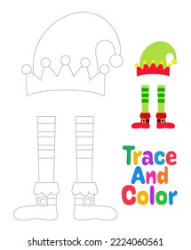 Elf hat and shoes tracing worksheet for kids
