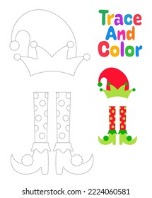 Elf hat and shoes tracing worksheet for kids