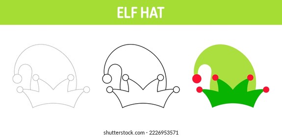 Elf Hat tracing and coloring worksheet for kids