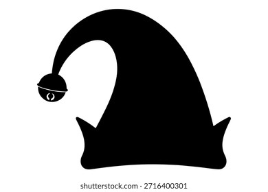 Elf hat vector silhouette icon. Black christmas cap with bell. Festive holiday accessory.