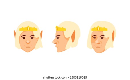 Elf head in different angles. Front, side and three-quarter views. Halloween character design. Vector illustration