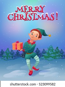 Elf holding christmas gift standing in the woods. Christmas landscape and santa's elf cartoon character. Vector illustration