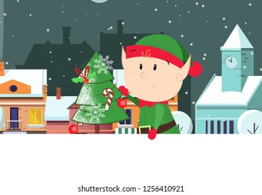 Elf holding fir-tree with city scene in background and copyspace. Christmas greeting card. For leaflets, brochures, invitations, posters or banners.