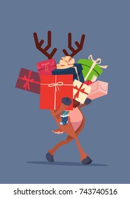 Elf Holding Gift Boxes Stack Over Gray Background Christmas Holiday Presents Concept Vector Illustration