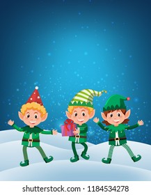 Elf holding gift on snow background illustration