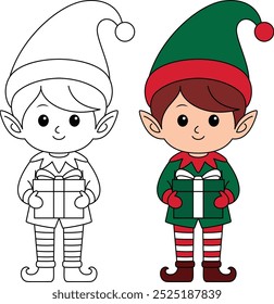 Elf Holding Gift Outline Coloring Page. Christmas and Winter Illustration