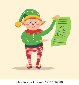 Elf holding piece of paper with pine tree print vector. Document in hands of leprechaun wearing traditional Christmas clothes and hat. Pixie with long ears, Santa Claus helper with text on page