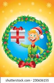 Elf holding present christmas card mistletoe background