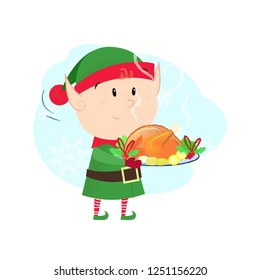 Elf holding roasted chicken on tray. Dish, meal, dinner. Can be used for topics like Christmas, food, holiday