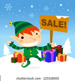 Elf Holding A SALE Sign Illustration