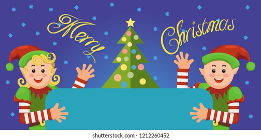 Elf holds paper for congratulations or announcements. Against the background of Christmas trees and snowflakes. For postcards banners and sites. Vector illustration.