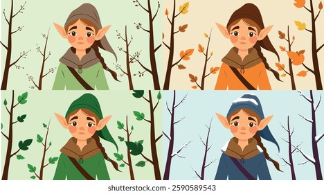 Elf illustration in the forest four seasons